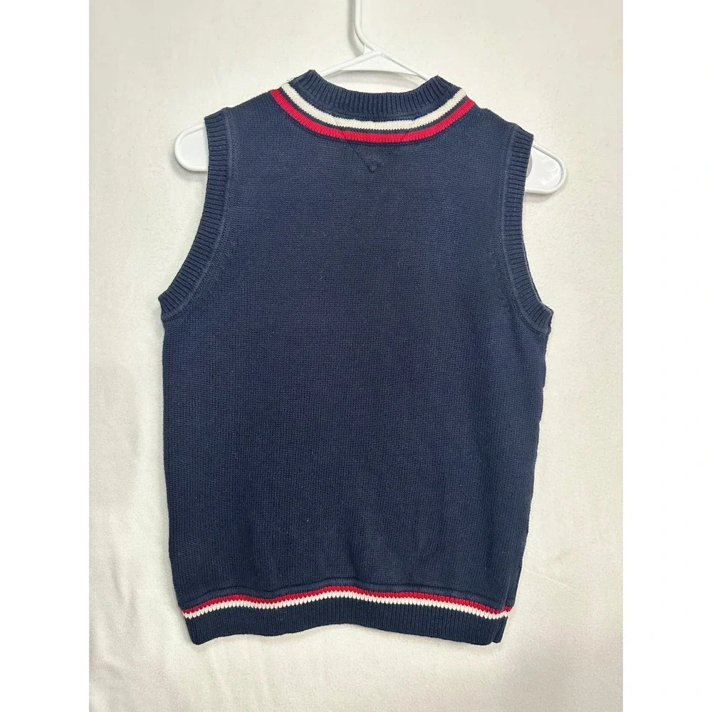 Tommy Hilfiger Boys Navy Cable Knit V-Neck Sweater Vest Striped‎ Trim Sz L 16-18